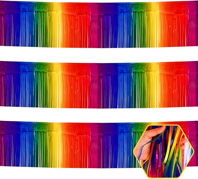 3 Pack 10 Feet Dark Rainbow Foil Fringe Garland Metallic Tinsel Streamers Banner Wall Hanging Curtain Backdrop for Parade Floats, Christmas, Valentine's Day, Thanksgiving, Birthday Party Decorations
