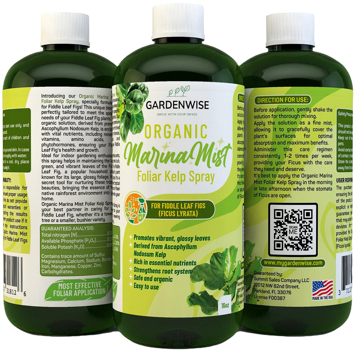 Organic Marina Mist Foliar Spray for Fiddle Leaf Fig and Other Ficus Trees | Micro Nutrients for Vital Health | Gentle Formula | Liquid Plant Food | Quick Results | Ready to Use (16 OZ)