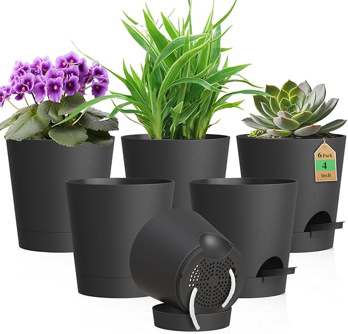 WSMKSZ 4 inch Self Watering Pots for Indoor Outdoor Plants, 6 Pack Plastic Flower Planters with Drainage Holes and Removable Saucers, Plant Pots with Wicking Rope, Modern Decor, Black