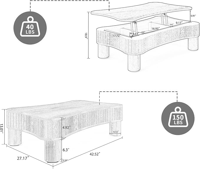42.5'' Modern Lift Top Coffee Table for Living Room, Solid Wood Center Table, Fluted Panel Design, Storage Compartments, 42.5x27.2 Inch Surface, Hydraulic Lift Mechanism, Easy Assembly (Black)