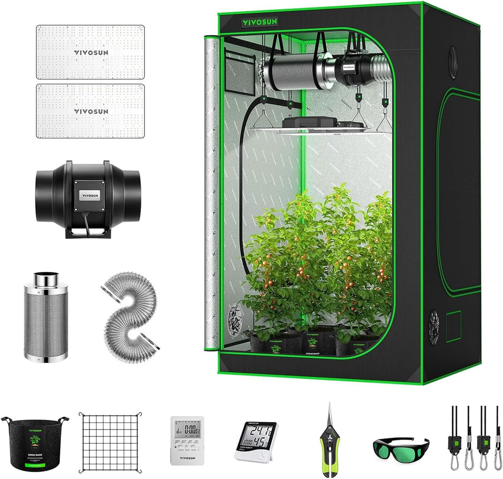 VIVOSUN GIY 4x4 ft. Grow Tent Complete System, Grow Tent Kit Complete with 6 Inch Inline Fan Package, 2 x 200W LED Grow Light, Temperature Humidity Monitor, Netting, Grow Bags, Pruning Shear and Timer