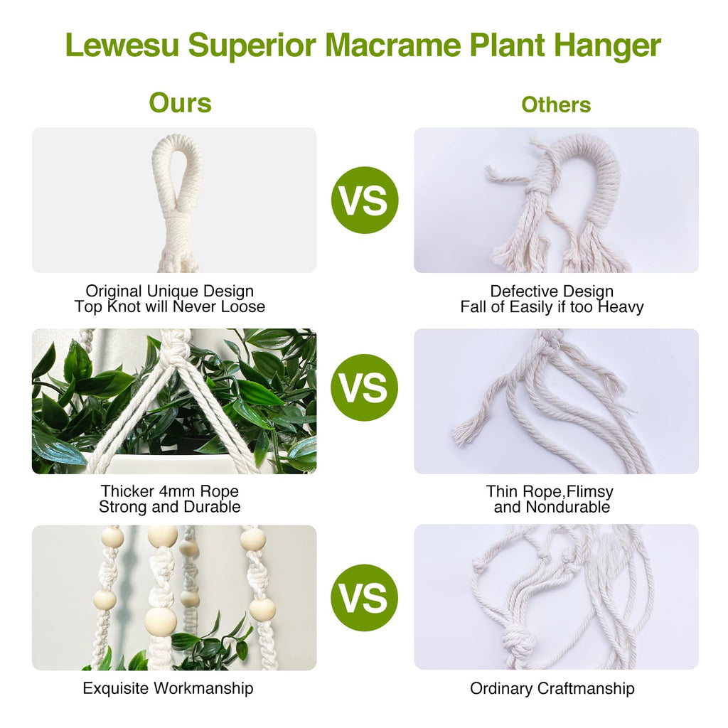 LEWESU Macrame Plant Hanger Indoor Set of 2 with 4 Hooks, Indoor Outdoor Hanging Planter for Plants Holder with Decorative Wood Beads & No Tassels, Boho Home Decor, 35 Inch Ivory (Pots Not Included)