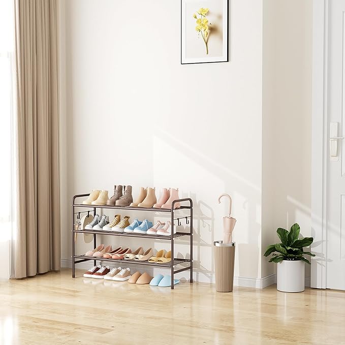 3 Tier Shoe Rack 33" Wide Metal Shoe Organizer Long Shoe Storage with 4 Side Hooks Sturdy Shoes Shelf for Front Door Entrance, Closet, Garage, Dorm, Brown