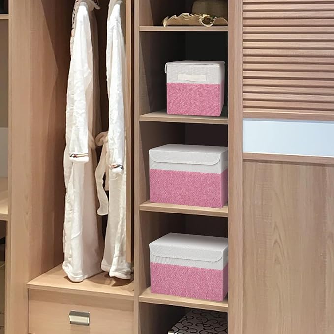 Large 22 Quart Linen Fabric Foldable Storage Bin Cube Organizer Basket with Flip-Top Lid & Handles, Clothes Blanket Box for Home, Office, Closet, Pink & White, 4 Pack 14.6 x 9.5 x 9.5