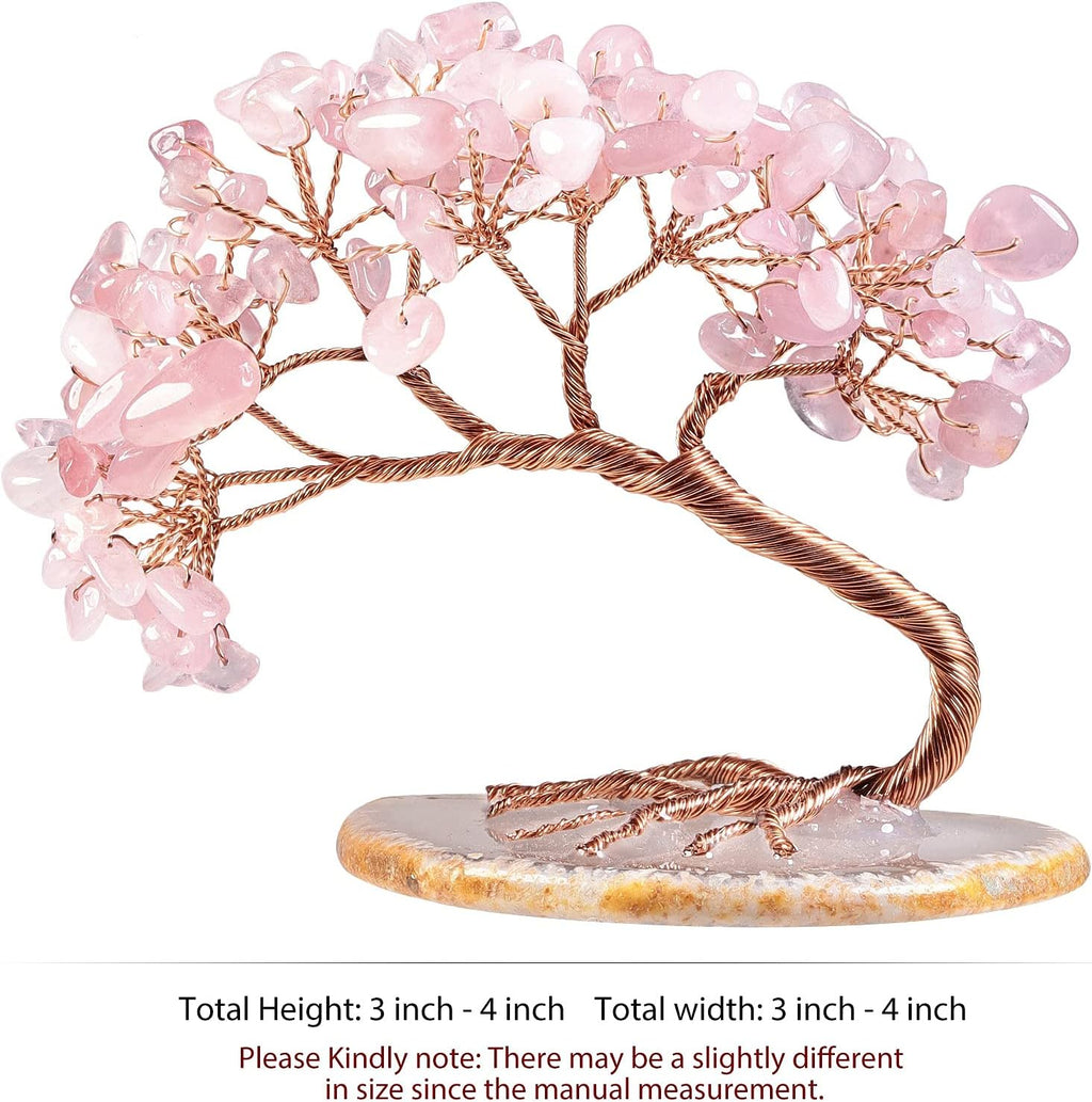 TUMBEELLUWA Reiki Crystal Money Tree with Agate Slice Base Feng Shui Stone Bonsai Tree Figure Decor for Happiness Good Luck and Wealth, Rose Quartz