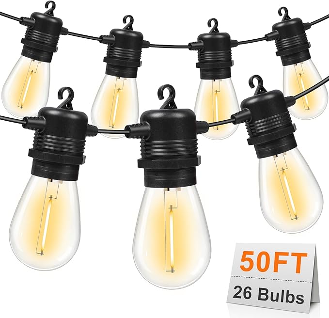 50FT LED Outdoor String Lights with 26 Shatterproof S14 Edison Bulbs (2 Spare), Dimmable Hanging Outdoor Lights for Backyard, Porch, 2700K Warm White