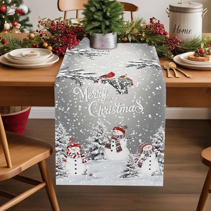Christmas Snowman Cotton Linen Table Runner for Dining Kitchen, Snowflakes Xmas Pine Tree Wedding Outdoor Party Tablerunner Decoration Winter Bird Dresser Scarf Coffee Tablecloth Runners 13x60 Inches