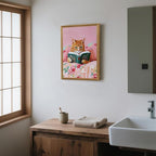 Framed Vintage Cat Canvas Wall Art, Funny Pink Animal Reading Books Painting Picture Print, Cute Kitten Lovers Aesthetic Wall Decor for Nursery Girls Room Bedroom Kids Room 24''L x 16''W