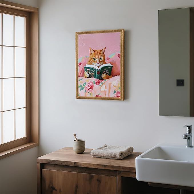 Framed Vintage Cat Canvas Wall Art, Funny Pink Animal Reading Books Painting Picture Print, Cute Kitten Lovers Aesthetic Wall Decor for Nursery Girls Room Bedroom Kids Room 24''L x 16''W