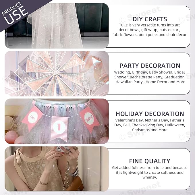 Swpeet 6 Inch by 50 Yards White Glitter Tulle Fabric Roll, Fabric Spool Sparkling Tulle Ribbon, Netting Polyester Spool for DIY Birthday Party Wedding Decorations Christmas Craft Supplies