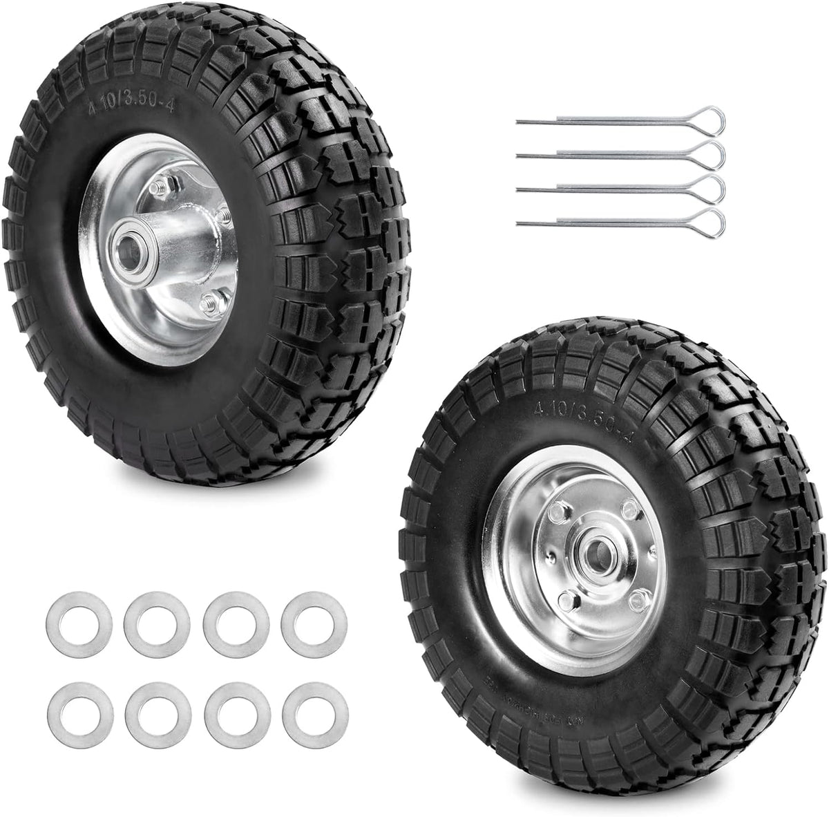 4.10/3.50-4 Tire Wheels Flat Free 10" Heavy Duty Solid Flat-Free Replacement Tire with 5/8 Axle Compatible with Gorilla Carts, Wheelbarrow, Dolly, Hand Truck (2-Pack)