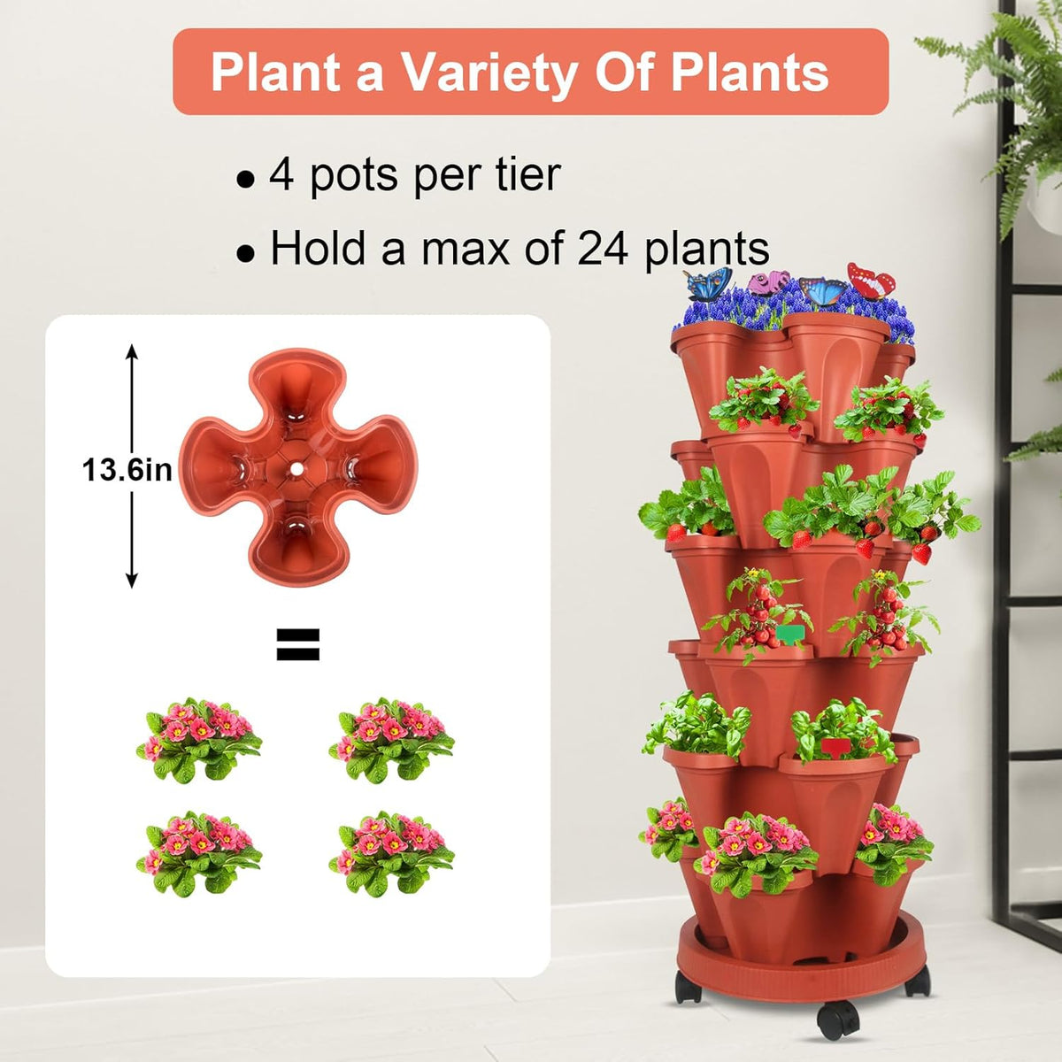 Vertical Planter, 6 Tier Stackable Strawberry Planter with Garden Tool Set, Movable Indoor/Outdoor Garden Herb Pot for Growing Vegetables and Succulents, Red