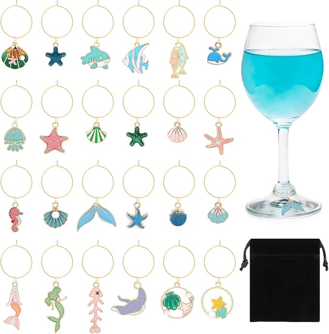 SANNIX 24pcs Ocean Wine Glass Charms for Stem Glasses, Wine Party Decorations