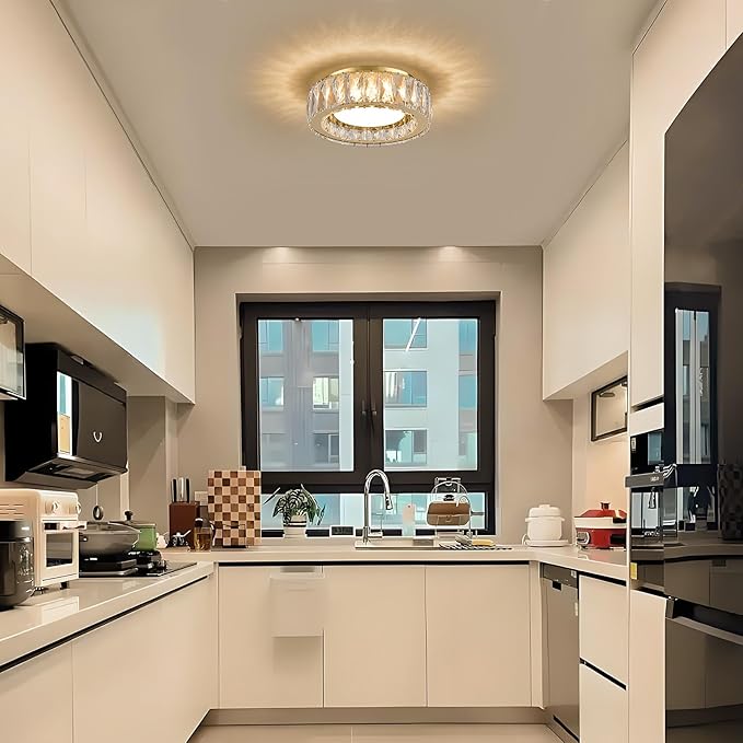Crystal Gold Flush Mount Ceiling Light Fixture,Dimmable LED 5CCT 3000K-6000K Chandelier,11 Inch Modern Small 24W Round Lighting Fixtures for Kitchen Hallway Foyer Laundry Room