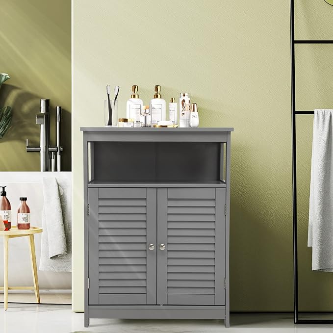 GLACER Bathroom Floor Cabinet, Wooden Storage Cabinet with Double Shutter Doors & 3-Position Adjustable Shelf, Side Storage Organizer Cabinet, 23.5 x 12 x 31.5 inches (Grey)