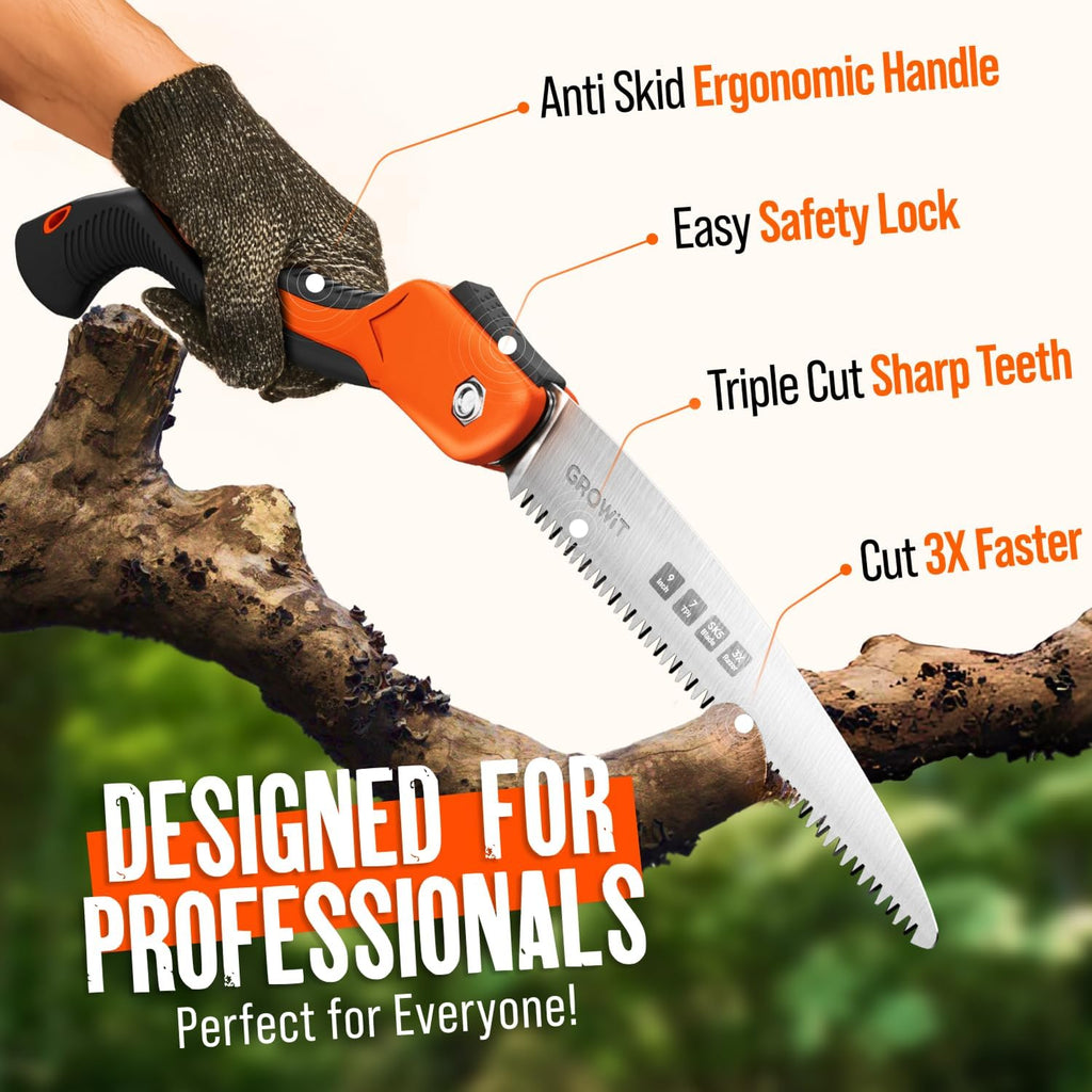 9-Inch Folding Camping Saw - Heavy Duty Pruning Saw with Triple-Cut SK5 Blade, 7 TPI Razor Teeth for Tree Trimming, Wood Cutting, Camping, Bushcraft, and Gardening Work