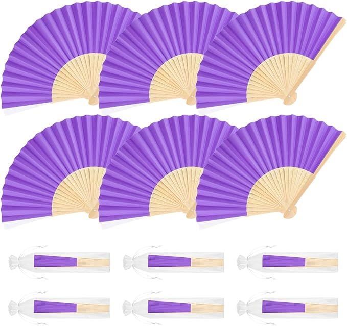 6 Pieces Purple Hand Held Bamboo Folding Fans Foldable Paper Fans Handheld for Women Girls Wedding DIY Decoration Church Home Party Favors Summer