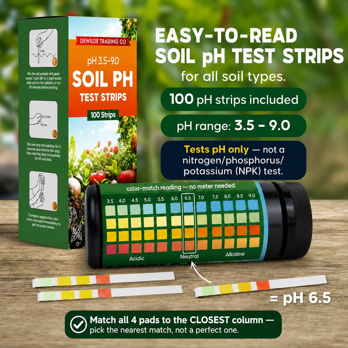 Soil Test Kit – 100 Soil pH Test Strips (3.5–9 Range) for Garden, Lawn & Indoor Plants – Easy At-Home Soil Testing