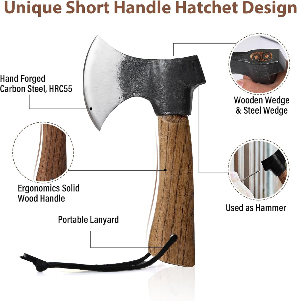 Small Camping Axe with Leather Sheath, 8.46" Backpacking Hatchet with Wooden Handle, Splitting Axe for Jungle, Gardening, Hunting, Survival
