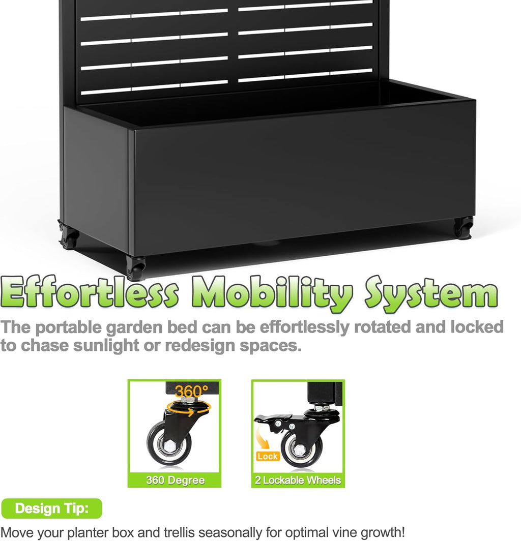 15.7"×70.9"×35.4" Metal Raised Garden Bed with Trellis and Wheels - Tall Trellis Planter Box for Climbing Plants, Vegetables & Vines - Outdoor Privacy Planters for Patio (Black-Louvered)