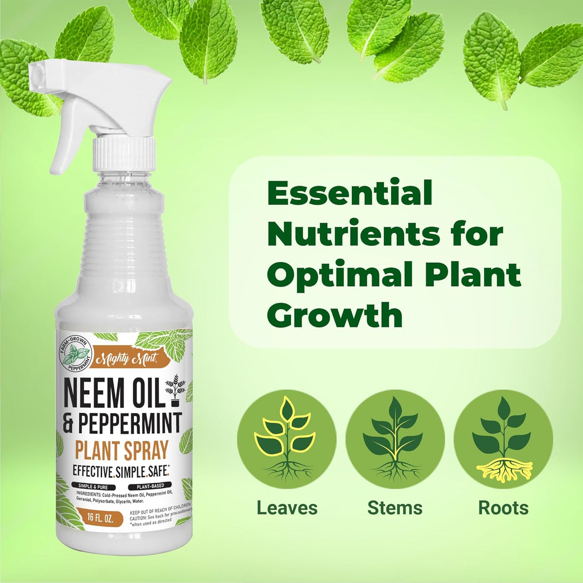 Mighty Mint Neem Oil & Peppermint Plant Nutrient Spray – Natural Leaf Shine for Indoor & Outdoor Use – Plant-Based Formula for Stronger, Healthy Plants - 16 oz (Pack of 2)