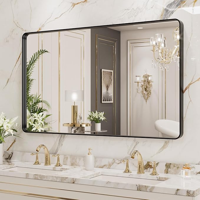 LOAAO 40x24 Inch Black Metal Framed Bathroom Mirror for Wall, Matte Black Bathroom Vanity Mirror Farmhouse, Large Rounded Rectangle Mirror, Anti-Rust, Hangs Horizontally or Vertically