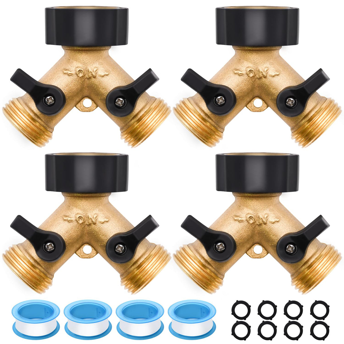 4 Pack Hose Splitter, 2 Way Heavy Duty Brass Garden Hose Splitter, for 3/4" Hose Connector, Brass Garden Hose Manifold with Rubber Washers & Tapes
