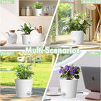WSMKSZ 7/6.5/6/5.5/5/4 inch Self Watering Pots for Indoor Outdoor Plants, 6 Pack Plastic Flower Planters with Drainage Holes and Removable Saucers, Plant Pots with Wicking Rope, Modern Decor, White