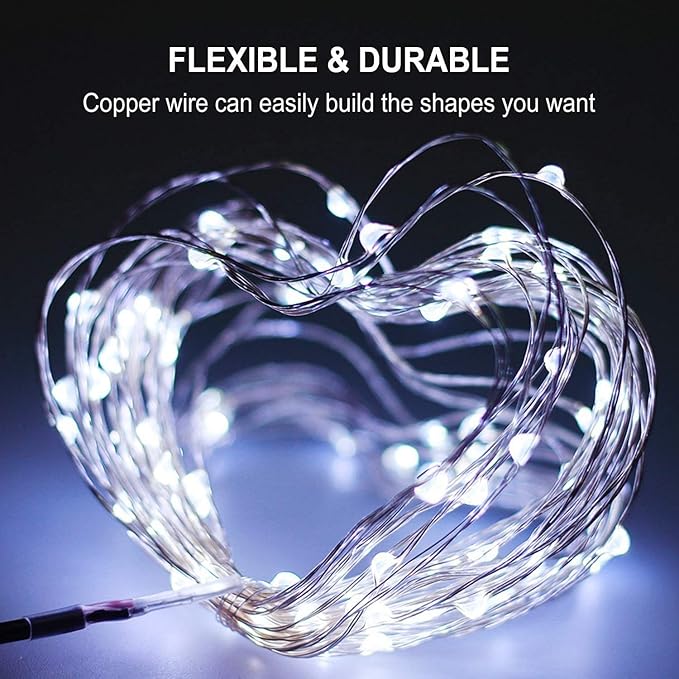 3 Pack Rechargeable String Fairy Lights 10ft 30 LED, Christmas Starry Lighting Silver Copper Wire 4 Modes, Waterproof Cool White Micro Firefly Moon Light with USB Cable