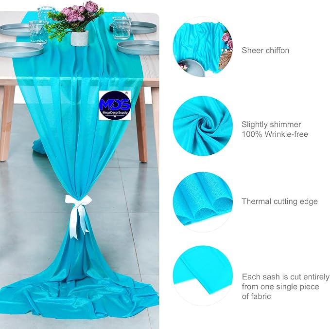 MDS 15 Pack 10ft Chiffon Table Runner 29 x 120 Inches Sheer Wedding Runner Romantic Rustic Table Runner for Wedding Decorations, Birthday Parties, Bridal Shower Party Arch Decor -Turquoise