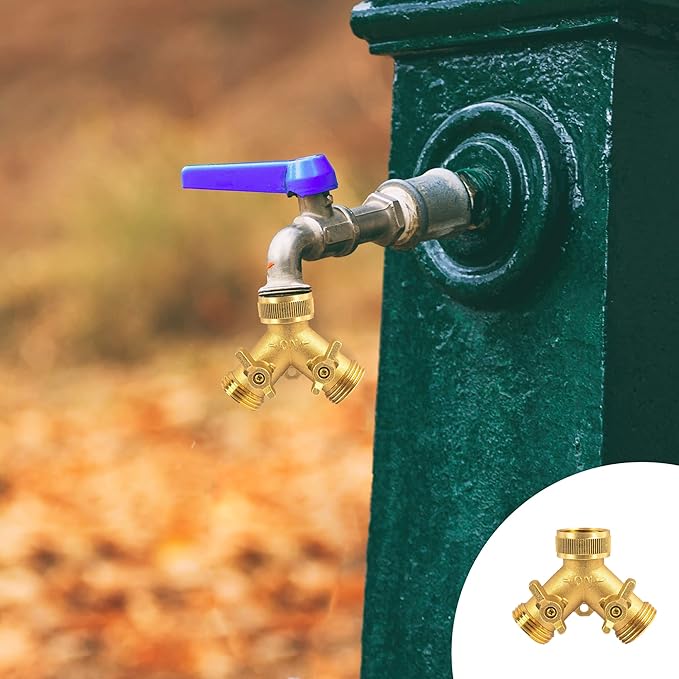 Hourleey Brass Garden Hose Splitter (2 Way), Solid Brass Hose Y Splitter 2 Valves with 2 Extra Rubber Washers (4 Pack)