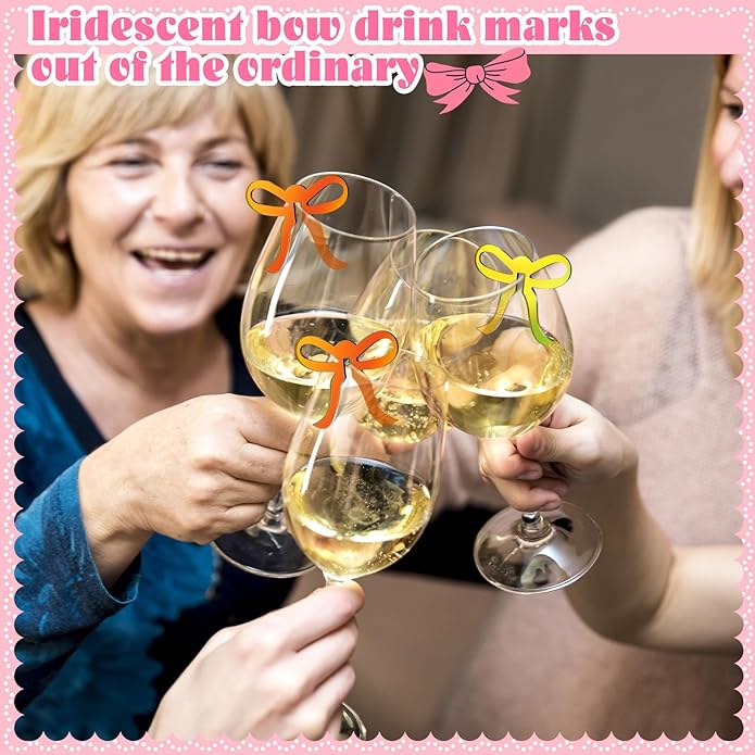 36 Pcs Bow Drink Markers Acrylic Drink Tags Bowknot Wine Glass Charms for Bachelorette Coquette Birthday Cocktail Wedding Decoration Bridal Shower Party Favors