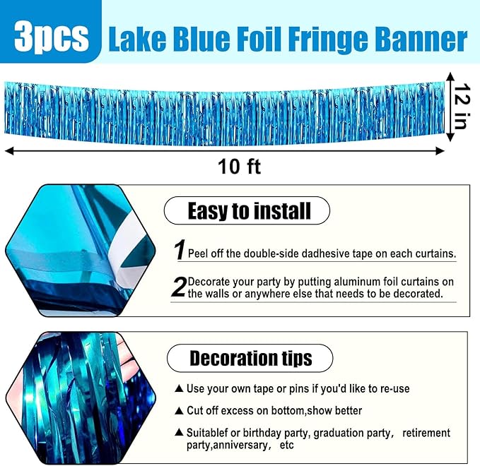3 Pack 10 Long Lake Blue Metallic Foil Fringe Garland Wall Hanging Tassle Banner, Mother's Day, Easter, Parade Floats, Birthday, Theme Party, Wedding Party Decorations
