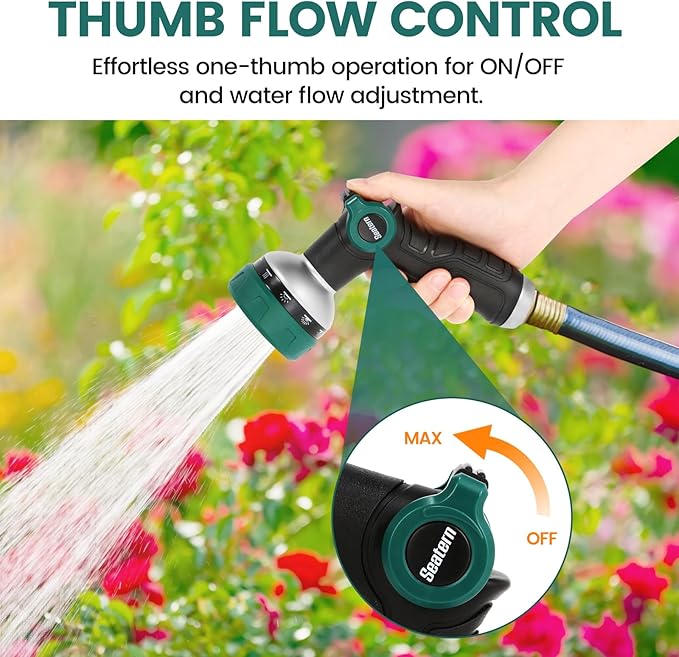 Heavy Duty Garden Hose Nozzle, Water Hose Sprayer Nozzle with Thumb Flow Control, 10 Spray Patterns, High Pressure Hose Nozzle for Lawn & Plant Watering, Car & Pet Washing – Forest Green
