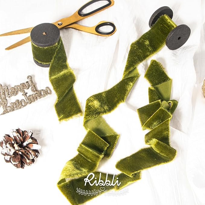 Ribbli Moss Green Velvet Ribbon 1.5 Inch Handmade Frayed Vintage Christmas Ribbon for Gift Wrapping Christmas Tree Ornament Wreath Craft Home Decor -Total 3 Yards with Wooden Spool