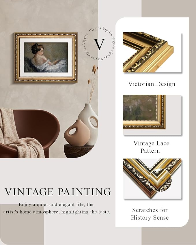 VIYYIEA Gold Framed Wall Art Canvas Print Home Decor Portrait Wall Art Sitting Woman Vintage Decor Room Aesthetic Mid Century Lady Elegant Farmhouse Painting Wall Decor for Bedroom Bathroom 11x14in