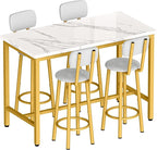Lamerge Dining Table Set for 4 Bar Table and Chairs Set Faux Marble Counter Height Dining Table Set with 4 PU Upholstered Stools Kitchen Pub Table for Kitchen, Restaurant, Space Saving, Gold and White