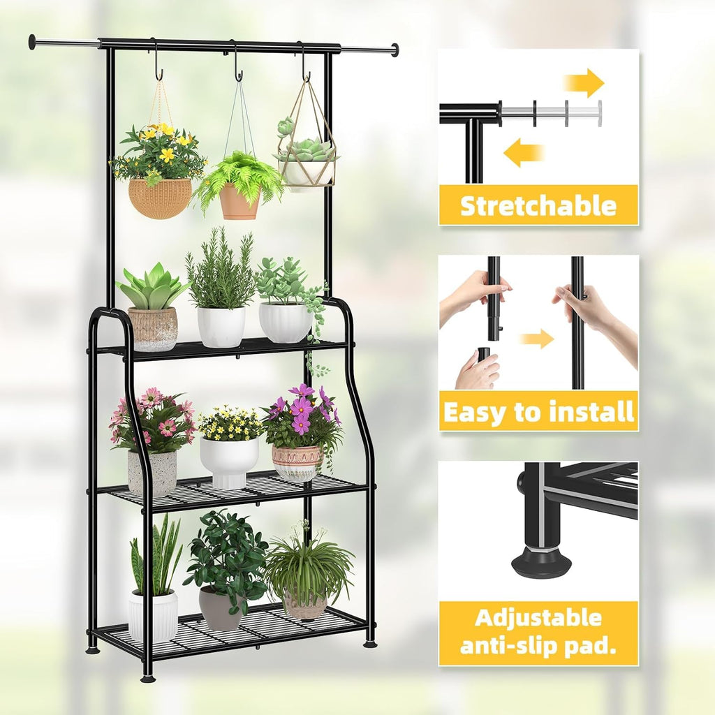 Simple Trending Plant Stand Indoor Outdoor, Heavy Duty Metal 3 Tiered Hanging Plant Shelf for Multiple Flower Planter Holder Tall Large Rack for Living Room Garden Balcony, Black