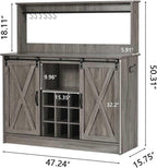 Farmhouse Coffee Bar Cabinet with 9 Wine Racks and 6 Hooks, 47 Inch Wine Bar with Storage, Buffet Cabinet Adjustable Shelves, Kitchen Buffet Cabinet for Dining Living Room, Grey Living Room, Grey