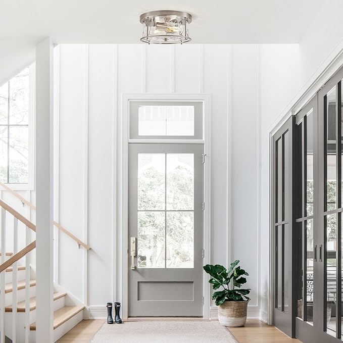 LamQee Flush Mount Ceiling Light with Clear Hammered Glass, Industrial 2-Lights Farmhouse Close to Ceiling Light Fixtures Round Low Profile Lights for Kitchen Hallway Foyer Entrance Bedroom Nickel
