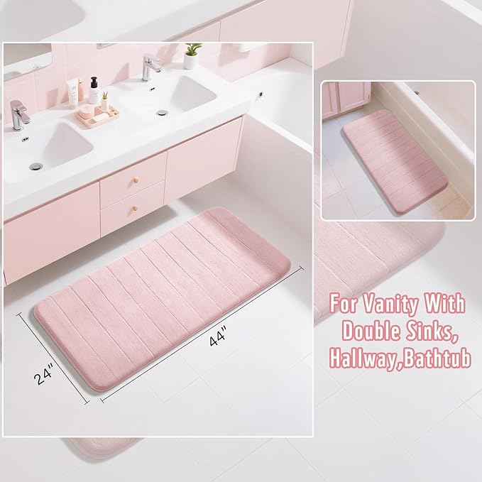 Yimobra Long Bath Mat 44"x24", Super Soft Quick Dry Memory Foam Bathroom Rug, Water Absorbent, Non Slip Backing Machine Washable for Tub Shower, Thick Comfort Support, Pink