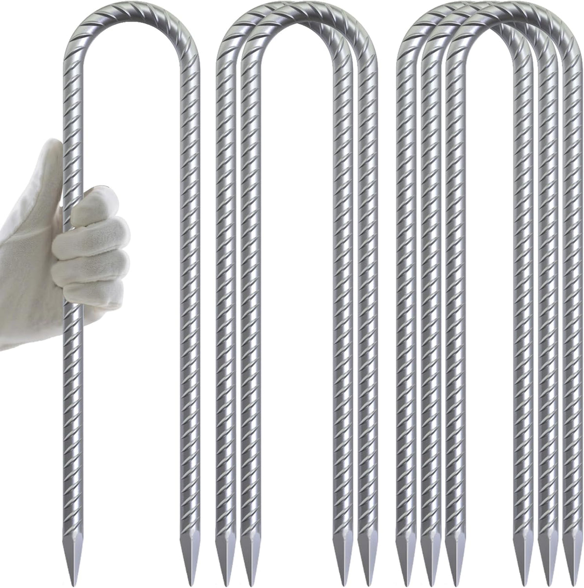 AAGUT 12 Inch Trampoline Stakes 6 Pack 3/8" U Shaped Rebar Ground Anchors Heavy Duty High Winds Galvanized Steel Trampolines Accessories for Swing Set, Camping, Soccer Goal, Huge Garden Decoration