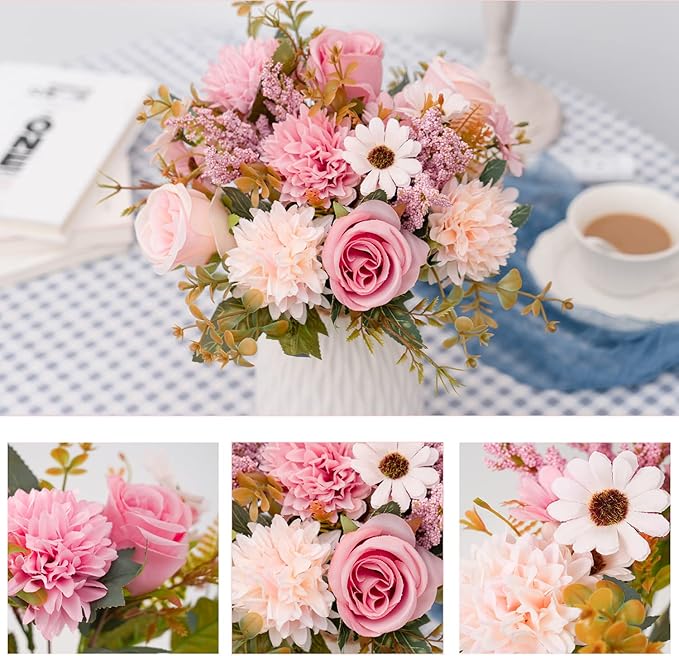 Epicpetal Fake Flowers in Vase, Artificial Pink Flowers in Vase for Decoration Faux Flowers Fake Floral for Home Decor Indoor Dining Table Centerpiece (Pink)