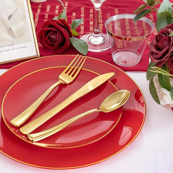 NOCCUR 350PCS Red Plastic Plates - Disposable Red Gold Dinnerware Set for 50 Guests, 100 Dinner/Dessert Plates, 150 Gold Silverware, 50 Cups&50 Napkins for Party/Wedding/Birthday/Christmas