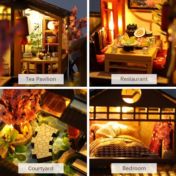 CUTEBEE Dollhouse Miniature with Furniture, DIY Wooden Dollhouse Kit Plus Dust Proof, Creative Room Idea (Japanese Garden House)