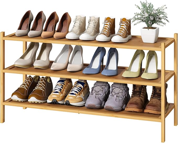 Long Shoe Rack, Bamboo Wood 3-Tier Shoe Rack for Entryway, Stackable | Foldable | Natural, Shoe Organizer for Hallway Closet, Free Standing Shoe Racks for Indoor Outdoor
