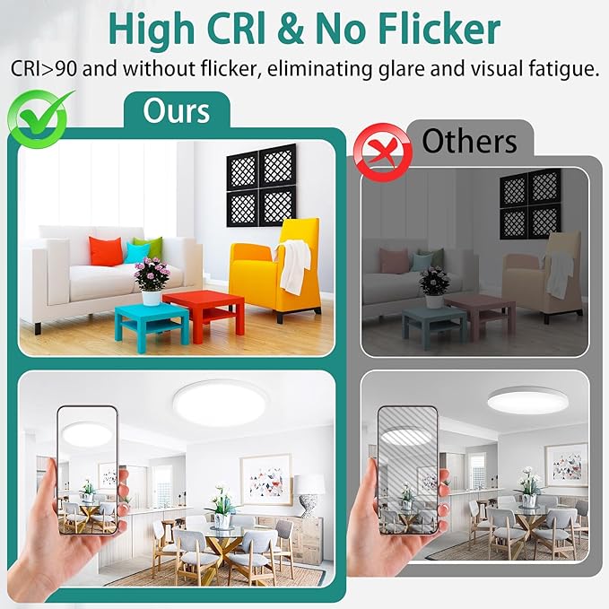16'' Dimmable LED Ceiling Light Fixture, Ultra Thin Flush Mount, 28W 2800Lumen, 3 Color Changeable, Round, White, for Dining Room, Kitchen, Bedroom, Office, Hotel