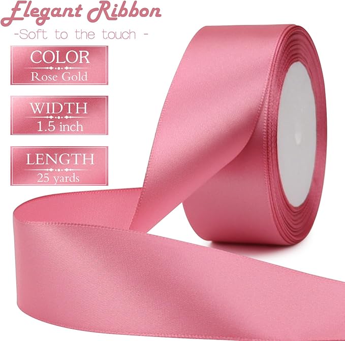 Rose Gold Solid Satin Ribbon 1-1/2 Inch 25 Yards Solid Polyester Fabric Ribbon for Gift Wrapping Wedding Christmas Baby Shower Birthday Party Decoration Handmade Immortal Flower Craft