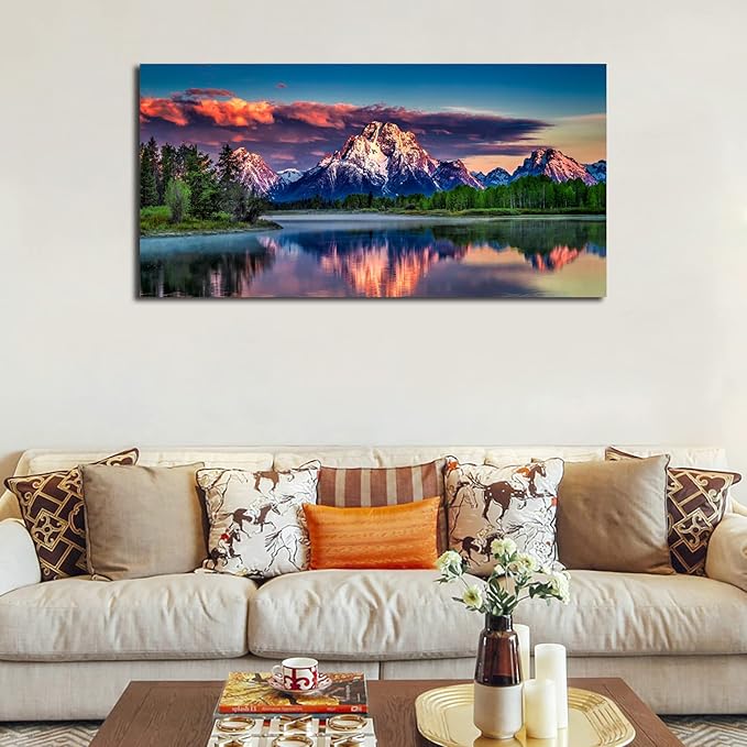 Sunset Landscape Canvas Wall Art for Living Room Grand Teton Wyoming National Park Picture Wall Decor Snake River Mountain Forest Nautre Prints Artwork Bedroom Bathroom Office Home Decor 29" X 58"