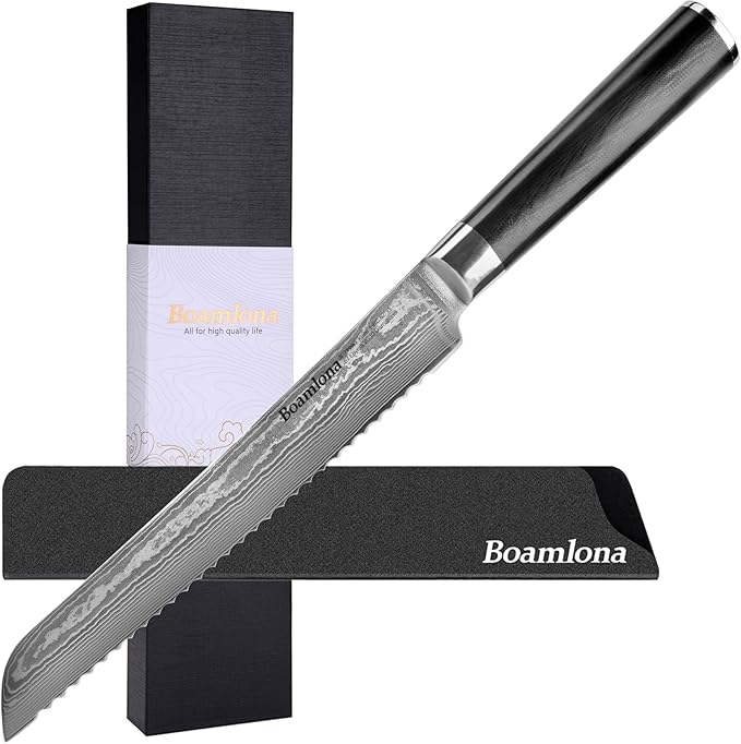 Damascus kitchen Knife, Japanese VG10 Steel Core, Sturdy & Durable G10 Handle, Real 67 Layer of Patterns, Includes Sheath and Gift Box (8" Bread Knifee)